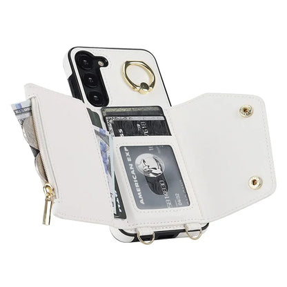 Crossbody Phone Case for Samsung Galaxy S24 Shell Ring Kickstand PU Leather Coated TPU Cover