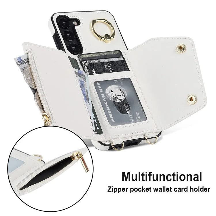 Crossbody Phone Case for Samsung Galaxy S24 Shell Ring Kickstand PU Leather Coated TPU Cover