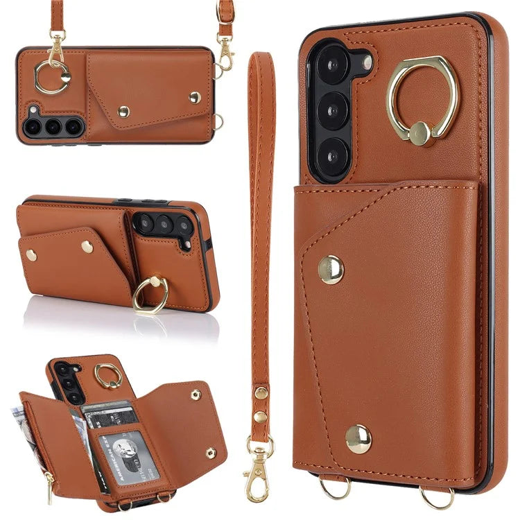 Crossbody Phone Case for Samsung Galaxy S24 Shell Ring Kickstand PU Leather Coated TPU Cover