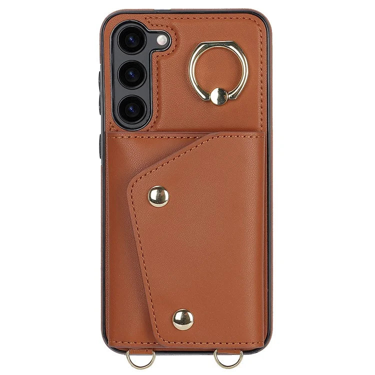 Crossbody Phone Case for Samsung Galaxy S24 Shell Ring Kickstand PU Leather Coated TPU Cover