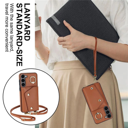 Crossbody Phone Case for Samsung Galaxy S24 Shell Ring Kickstand PU Leather Coated TPU Cover
