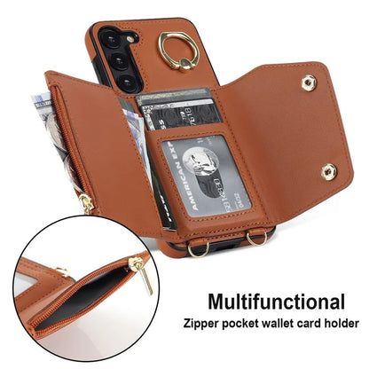 Crossbody Phone Case for Samsung Galaxy S24 Shell Ring Kickstand PU Leather Coated TPU Cover