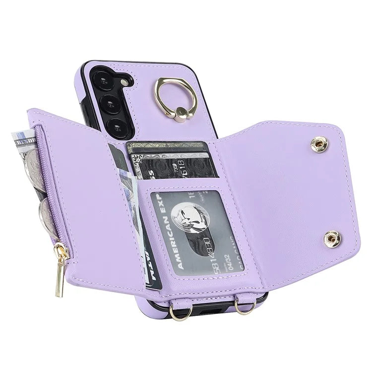 Crossbody Phone Case for Samsung Galaxy S24 Shell Ring Kickstand PU Leather Coated TPU Cover