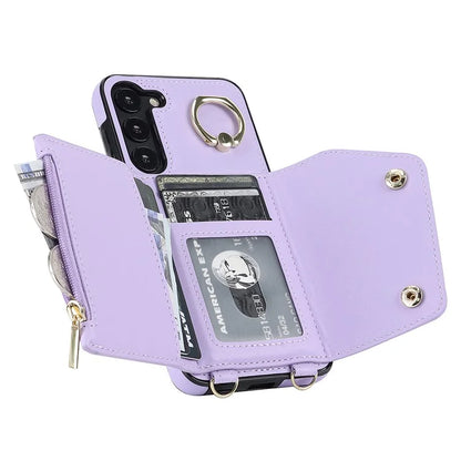 Crossbody Phone Case for Samsung Galaxy S24 Shell Ring Kickstand PU Leather Coated TPU Cover