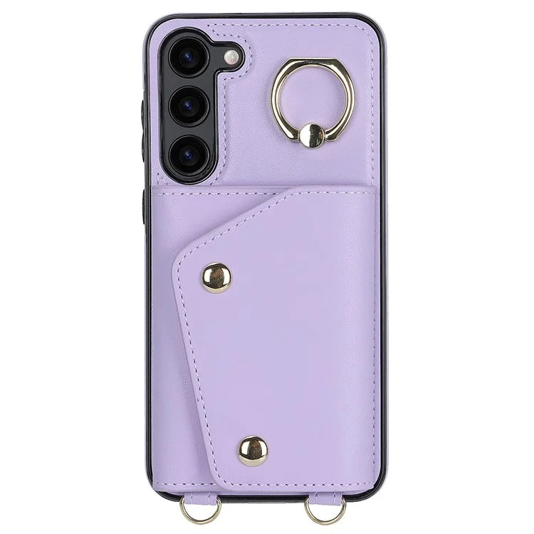 Crossbody Phone Case for Samsung Galaxy S24 Shell Ring Kickstand PU Leather Coated TPU Cover