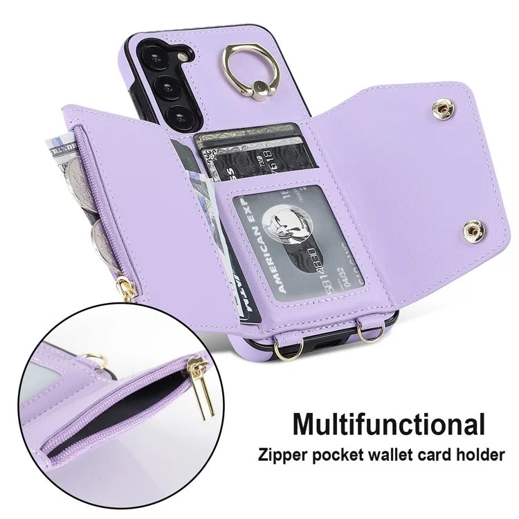 Crossbody Phone Case for Samsung Galaxy S24 Shell Ring Kickstand PU Leather Coated TPU Cover
