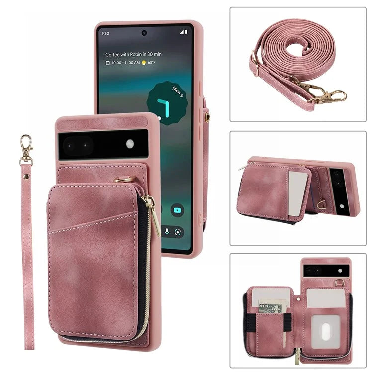 For Google Pixel 6a Phone Cover Card Case Crossbody Phone Bag with 2 Strap