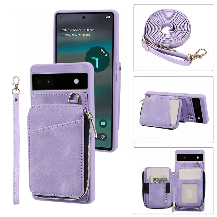 For Google Pixel 6a Phone Cover Card Case Crossbody Phone Bag with 2 Strap