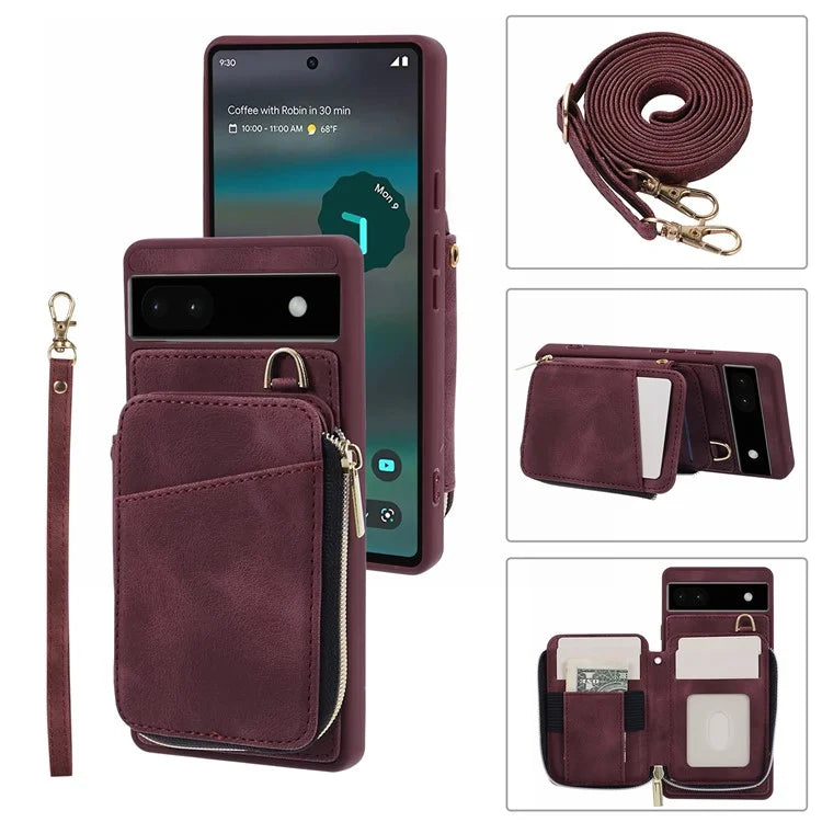 For Google Pixel 6a Phone Cover Card Case Crossbody Phone Bag with 2 Strap