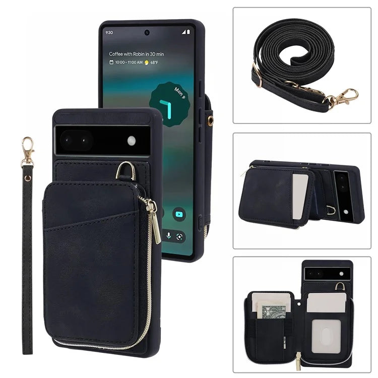 For Google Pixel 6a Phone Cover Card Case Crossbody Phone Bag with 2 Strap