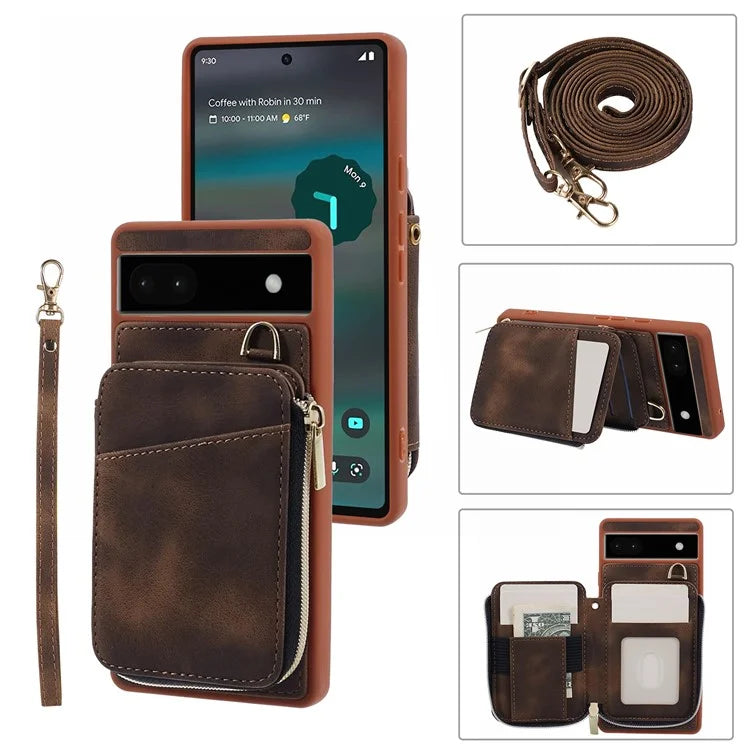 For Google Pixel 6a Phone Cover Card Case Crossbody Phone Bag with 2 Strap