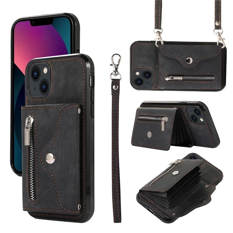 For iPhone 13 6.1 inch Cell Phone Case PU Leather+TPU Card Bag Drop-proof Cover with 2 Straps