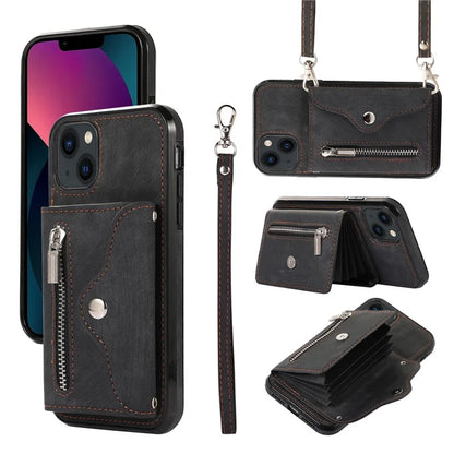 For iPhone 13 6.1 inch Cell Phone Case PU Leather+TPU Card Bag Drop-proof Cover with 2 Straps