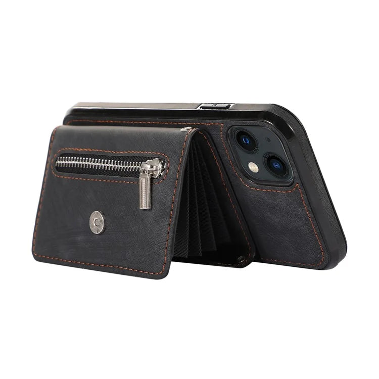 For iPhone 13 6.1 inch Cell Phone Case PU Leather+TPU Card Bag Drop-proof Cover with 2 Straps