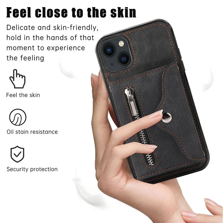 For iPhone 13 6.1 inch Cell Phone Case PU Leather+TPU Card Bag Drop-proof Cover with 2 Straps