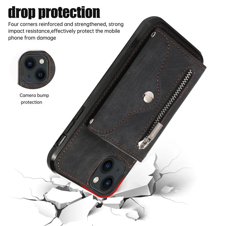 For iPhone 13 6.1 inch Cell Phone Case PU Leather+TPU Card Bag Drop-proof Cover with 2 Straps