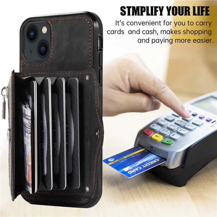 For iPhone 13 6.1 inch Cell Phone Case PU Leather+TPU Card Bag Drop-proof Cover with 2 Straps