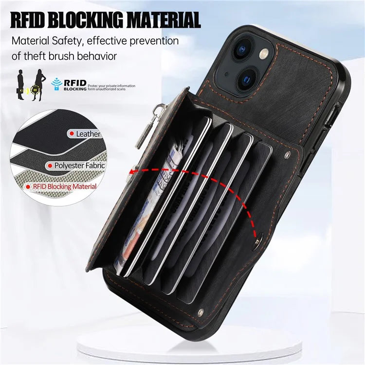 For iPhone 13 6.1 inch Cell Phone Case PU Leather+TPU Card Bag Drop-proof Cover with 2 Straps