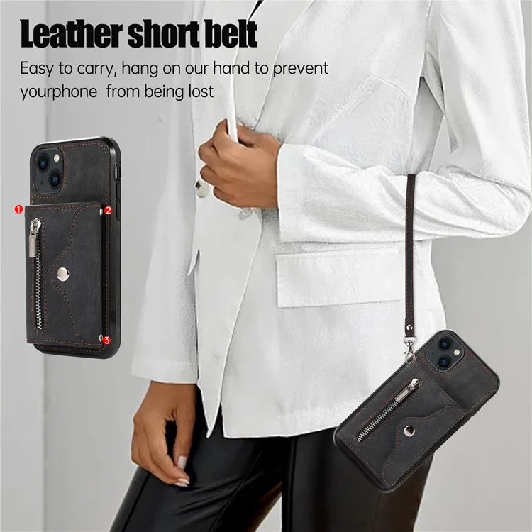 For iPhone 13 6.1 inch Cell Phone Case PU Leather+TPU Card Bag Drop-proof Cover with 2 Straps