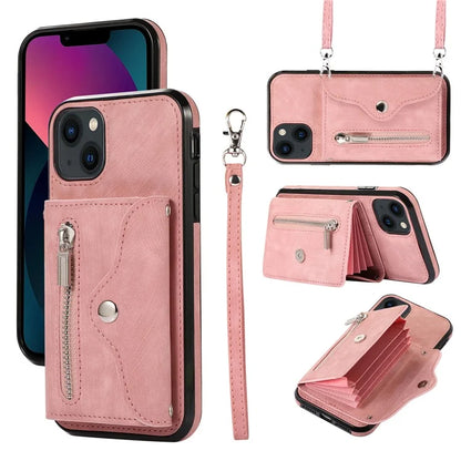For iPhone 13 6.1 inch Cell Phone Case PU Leather+TPU Card Bag Drop-proof Cover with 2 Straps