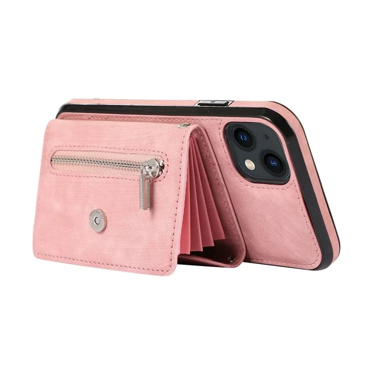 For iPhone 13 6.1 inch Cell Phone Case PU Leather+TPU Card Bag Drop-proof Cover with 2 Straps