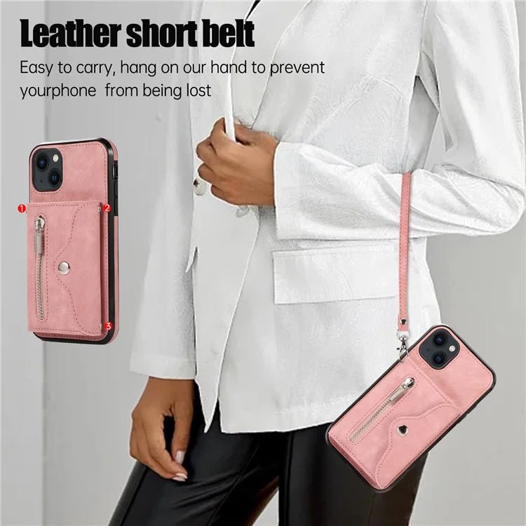 For iPhone 13 6.1 inch Cell Phone Case PU Leather+TPU Card Bag Drop-proof Cover with 2 Straps