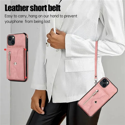 For iPhone 13 6.1 inch Cell Phone Case PU Leather+TPU Card Bag Drop-proof Cover with 2 Straps