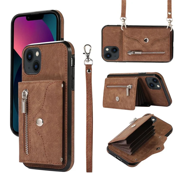 For iPhone 13 6.1 inch Cell Phone Case PU Leather+TPU Card Bag Drop-proof Cover with 2 Straps
