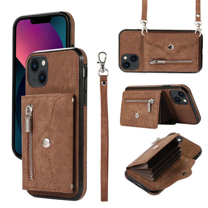 For iPhone 13 6.1 inch Cell Phone Case PU Leather+TPU Card Bag Drop-proof Cover with 2 Straps