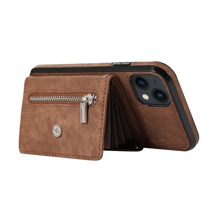 For iPhone 13 6.1 inch Cell Phone Case PU Leather+TPU Card Bag Drop-proof Cover with 2 Straps