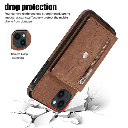 For iPhone 13 6.1 inch Cell Phone Case PU Leather+TPU Card Bag Drop-proof Cover with 2 Straps