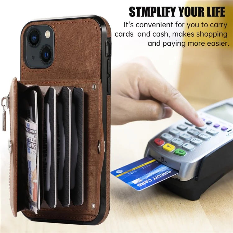 For iPhone 13 6.1 inch Cell Phone Case PU Leather+TPU Card Bag Drop-proof Cover with 2 Straps