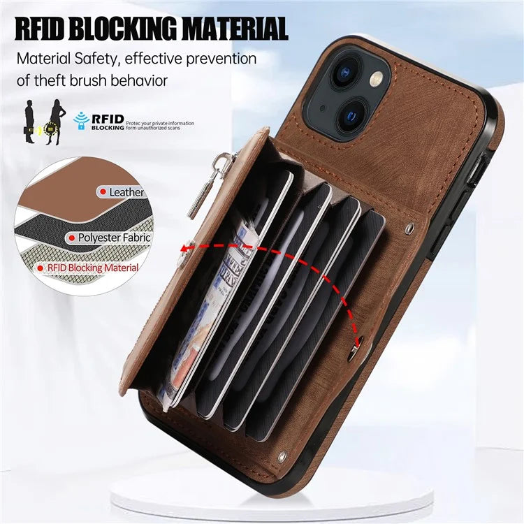 For iPhone 13 6.1 inch Cell Phone Case PU Leather+TPU Card Bag Drop-proof Cover with 2 Straps