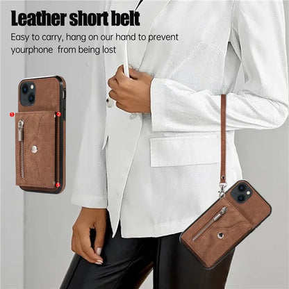 For iPhone 13 6.1 inch Cell Phone Case PU Leather+TPU Card Bag Drop-proof Cover with 2 Straps