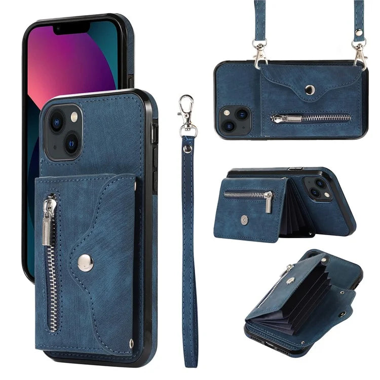 For iPhone 13 6.1 inch Cell Phone Case PU Leather+TPU Card Bag Drop-proof Cover with 2 Straps