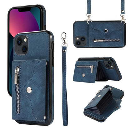 For iPhone 13 6.1 inch Cell Phone Case PU Leather+TPU Card Bag Drop-proof Cover with 2 Straps