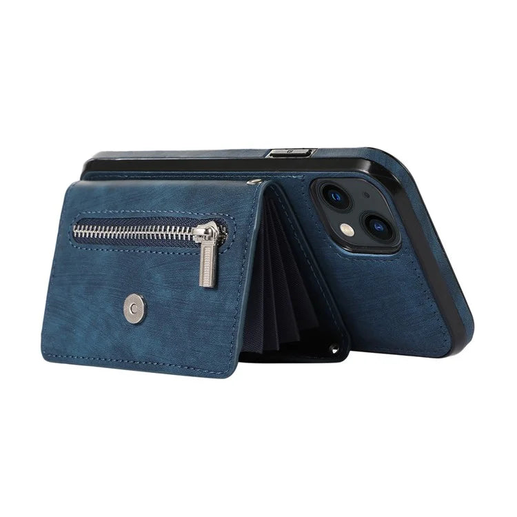 For iPhone 13 6.1 inch Cell Phone Case PU Leather+TPU Card Bag Drop-proof Cover with 2 Straps
