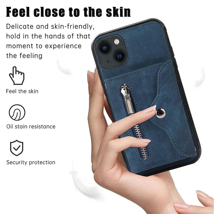 For iPhone 13 6.1 inch Cell Phone Case PU Leather+TPU Card Bag Drop-proof Cover with 2 Straps