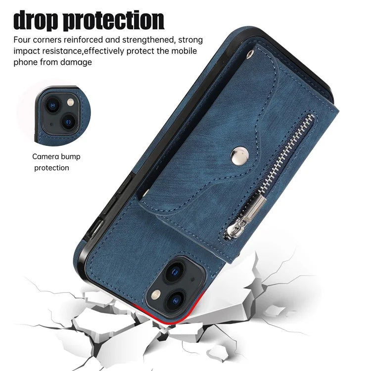 For iPhone 13 6.1 inch Cell Phone Case PU Leather+TPU Card Bag Drop-proof Cover with 2 Straps