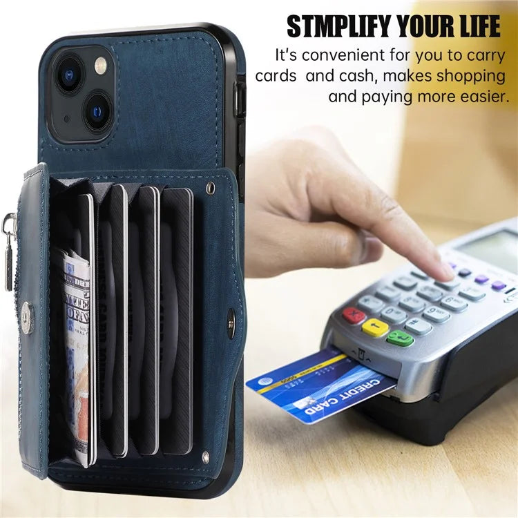 For iPhone 13 6.1 inch Cell Phone Case PU Leather+TPU Card Bag Drop-proof Cover with 2 Straps