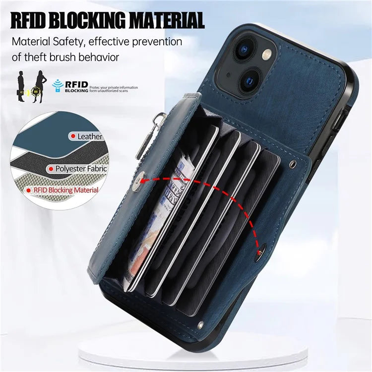 For iPhone 13 6.1 inch Cell Phone Case PU Leather+TPU Card Bag Drop-proof Cover with 2 Straps