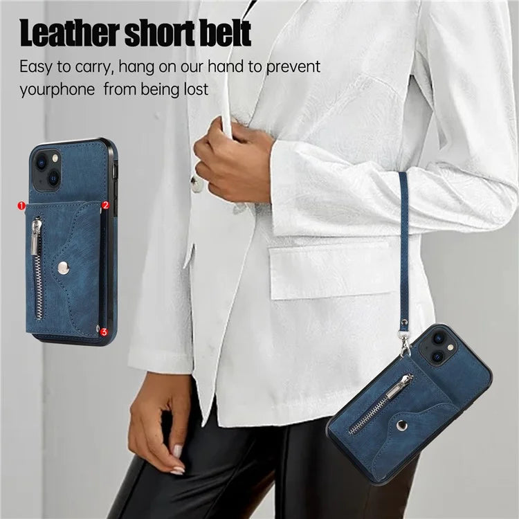 For iPhone 13 6.1 inch Cell Phone Case PU Leather+TPU Card Bag Drop-proof Cover with 2 Straps