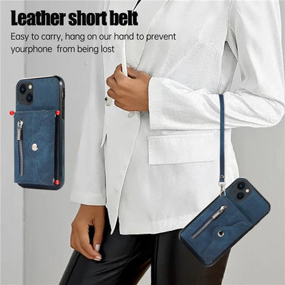 For iPhone 13 6.1 inch Cell Phone Case PU Leather+TPU Card Bag Drop-proof Cover with 2 Straps