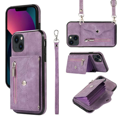 For iPhone 13 6.1 inch Cell Phone Case PU Leather+TPU Card Bag Drop-proof Cover with 2 Straps