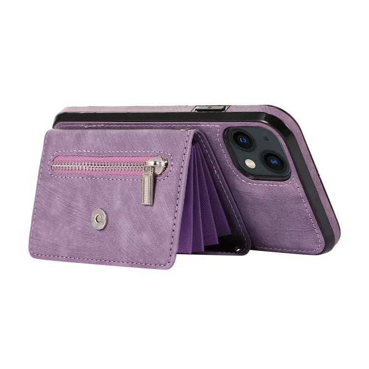 For iPhone 13 6.1 inch Cell Phone Case PU Leather+TPU Card Bag Drop-proof Cover with 2 Straps