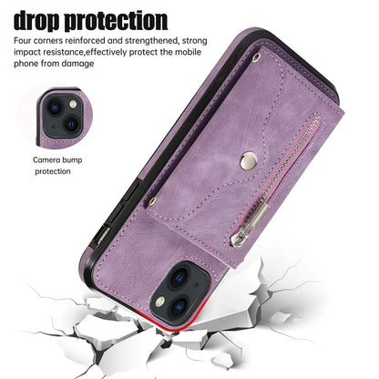 For iPhone 13 6.1 inch Cell Phone Case PU Leather+TPU Card Bag Drop-proof Cover with 2 Straps