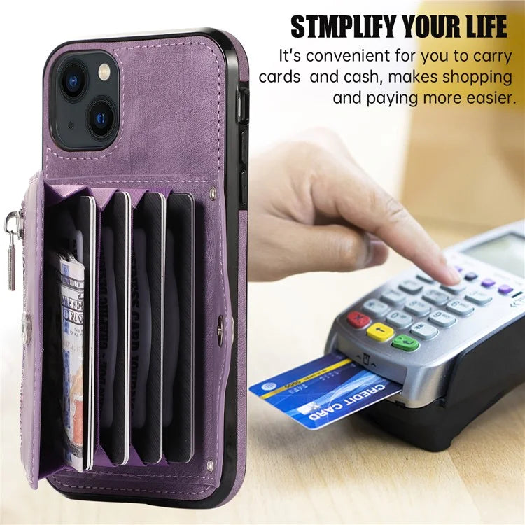 For iPhone 13 6.1 inch Cell Phone Case PU Leather+TPU Card Bag Drop-proof Cover with 2 Straps