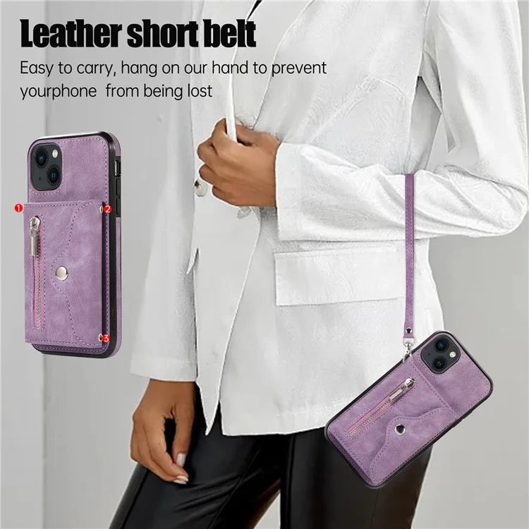 For iPhone 13 6.1 inch Cell Phone Case PU Leather+TPU Card Bag Drop-proof Cover with 2 Straps