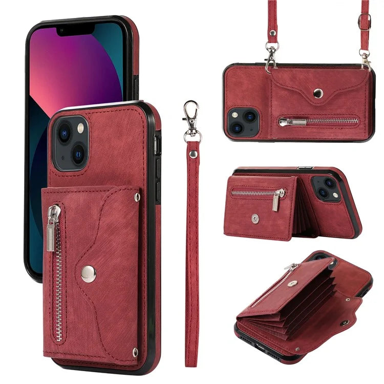 For iPhone 13 6.1 inch Cell Phone Case PU Leather+TPU Card Bag Drop-proof Cover with 2 Straps
