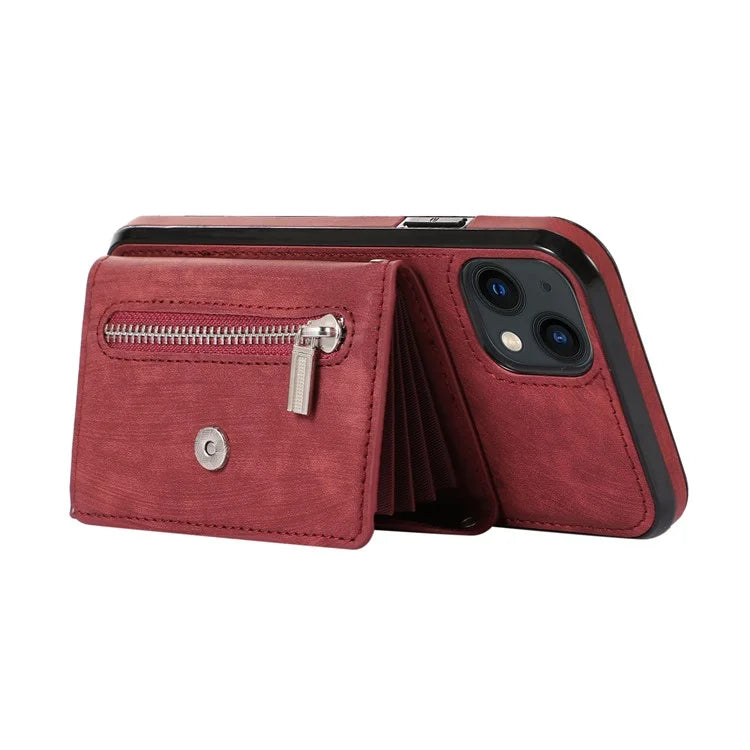 For iPhone 13 6.1 inch Cell Phone Case PU Leather+TPU Card Bag Drop-proof Cover with 2 Straps